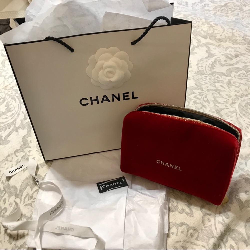 Chanel red velvet cosmetics case with gift bag